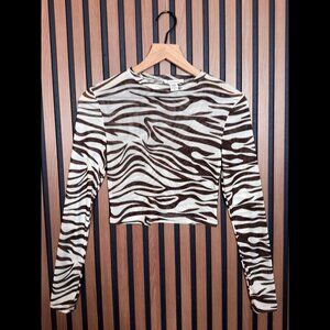 Capella Top Small Women’s Brown Zebra Print Sheer Long Sleeve Nylon Stretch Crop